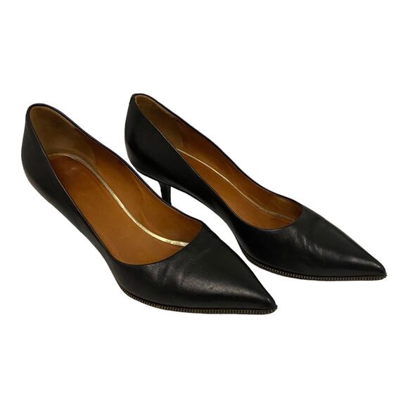Givenchy Heels 7 Black Leather Pointed Toe Kitten Heel Gold Detailing Designer - Picture 1 of 10